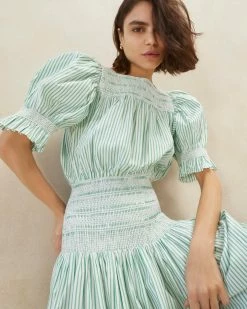 Loeffler Randall New Arrivals Anais Green Peasant Smocked Dress