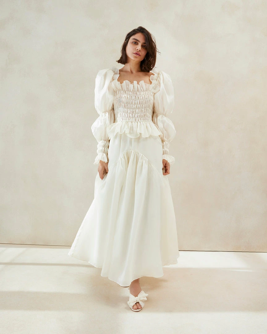 Loeffler Randall Suzette Cream Smocked Organza Dress 3 Loeffler Randall Suzette Cream Smocked Organza Dress